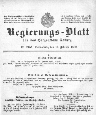 Regierungs-Blatt für das Herzogtum Coburg (Coburger Regierungs-Blatt) Samstag 11. Februar 1882