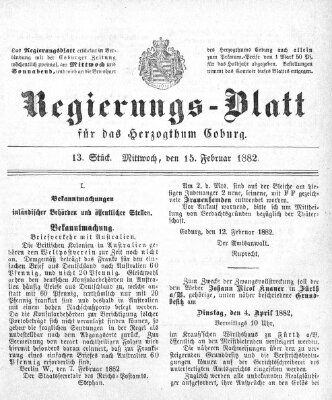 Regierungs-Blatt für das Herzogtum Coburg (Coburger Regierungs-Blatt) Mittwoch 15. Februar 1882