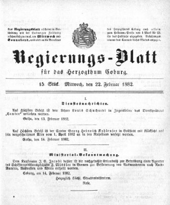 Regierungs-Blatt für das Herzogtum Coburg (Coburger Regierungs-Blatt) Mittwoch 22. Februar 1882