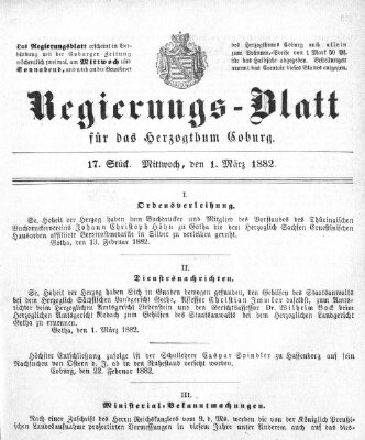 Regierungs-Blatt für das Herzogtum Coburg (Coburger Regierungs-Blatt) Mittwoch 1. März 1882