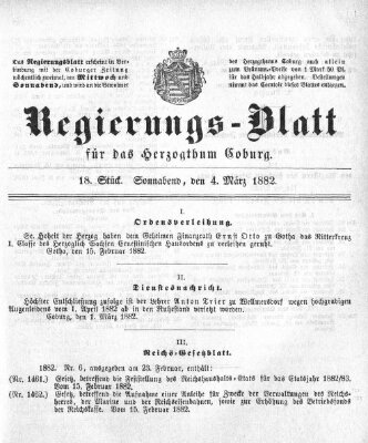 Regierungs-Blatt für das Herzogtum Coburg (Coburger Regierungs-Blatt) Samstag 4. März 1882