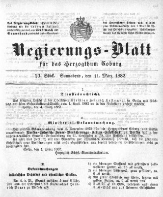 Regierungs-Blatt für das Herzogtum Coburg (Coburger Regierungs-Blatt) Samstag 11. März 1882