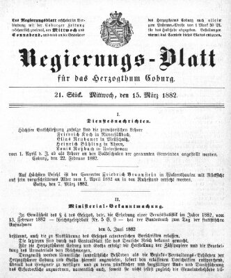 Regierungs-Blatt für das Herzogtum Coburg (Coburger Regierungs-Blatt) Mittwoch 15. März 1882