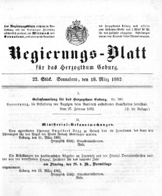 Regierungs-Blatt für das Herzogtum Coburg (Coburger Regierungs-Blatt) Samstag 18. März 1882