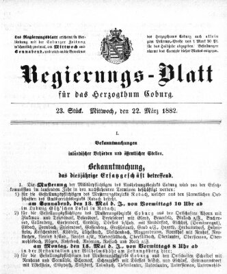 Regierungs-Blatt für das Herzogtum Coburg (Coburger Regierungs-Blatt) Mittwoch 22. März 1882