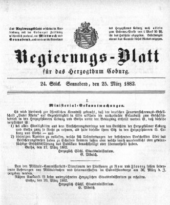 Regierungs-Blatt für das Herzogtum Coburg (Coburger Regierungs-Blatt) Samstag 25. März 1882