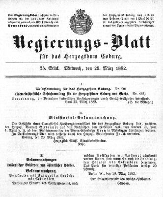 Regierungs-Blatt für das Herzogtum Coburg (Coburger Regierungs-Blatt) Mittwoch 29. März 1882