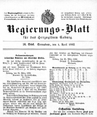 Regierungs-Blatt für das Herzogtum Coburg (Coburger Regierungs-Blatt) Samstag 1. April 1882