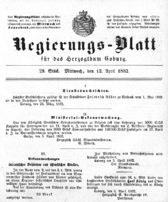 Regierungs-Blatt für das Herzogtum Coburg (Coburger Regierungs-Blatt) Mittwoch 12. April 1882