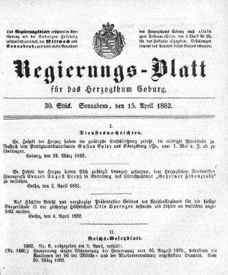 Regierungs-Blatt für das Herzogtum Coburg (Coburger Regierungs-Blatt) Samstag 15. April 1882