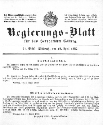 Regierungs-Blatt für das Herzogtum Coburg (Coburger Regierungs-Blatt) Mittwoch 19. April 1882