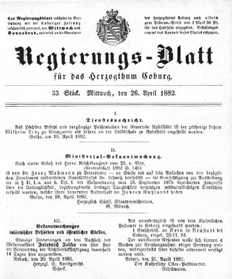 Regierungs-Blatt für das Herzogtum Coburg (Coburger Regierungs-Blatt) Mittwoch 26. April 1882