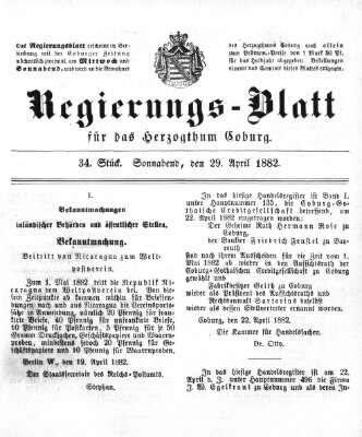 Regierungs-Blatt für das Herzogtum Coburg (Coburger Regierungs-Blatt) Samstag 29. April 1882