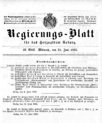 Regierungs-Blatt für das Herzogtum Coburg (Coburger Regierungs-Blatt) Mittwoch 21. Juni 1882