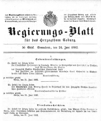 Regierungs-Blatt für das Herzogtum Coburg (Coburger Regierungs-Blatt) Samstag 24. Juni 1882