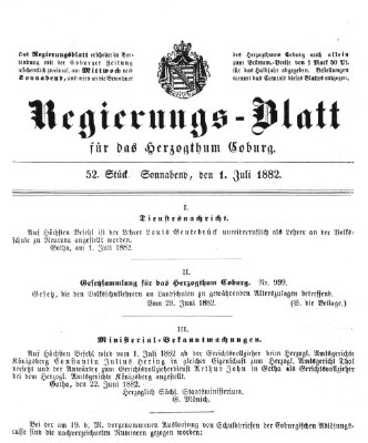 Regierungs-Blatt für das Herzogtum Coburg (Coburger Regierungs-Blatt) Samstag 1. Juli 1882