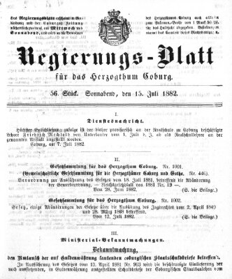 Regierungs-Blatt für das Herzogtum Coburg (Coburger Regierungs-Blatt) Samstag 15. Juli 1882