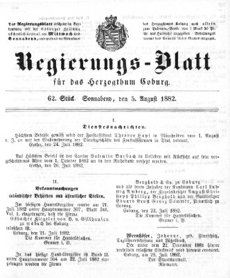 Regierungs-Blatt für das Herzogtum Coburg (Coburger Regierungs-Blatt) Samstag 5. August 1882