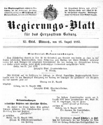 Regierungs-Blatt für das Herzogtum Coburg (Coburger Regierungs-Blatt) Mittwoch 16. August 1882