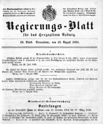 Regierungs-Blatt für das Herzogtum Coburg (Coburger Regierungs-Blatt) Samstag 19. August 1882