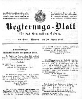 Regierungs-Blatt für das Herzogtum Coburg (Coburger Regierungs-Blatt) Mittwoch 30. August 1882