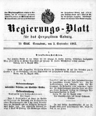 Regierungs-Blatt für das Herzogtum Coburg (Coburger Regierungs-Blatt) Samstag 2. September 1882