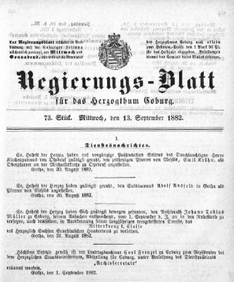 Regierungs-Blatt für das Herzogtum Coburg (Coburger Regierungs-Blatt) Mittwoch 13. September 1882