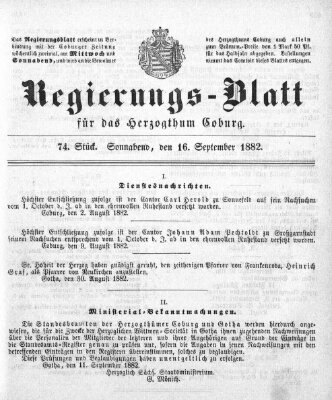 Regierungs-Blatt für das Herzogtum Coburg (Coburger Regierungs-Blatt) Samstag 16. September 1882