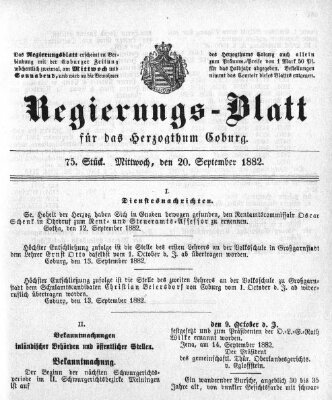 Regierungs-Blatt für das Herzogtum Coburg (Coburger Regierungs-Blatt) Mittwoch 20. September 1882