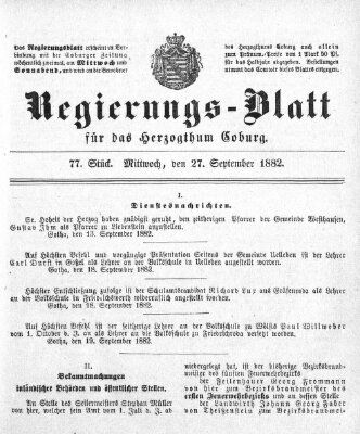 Regierungs-Blatt für das Herzogtum Coburg (Coburger Regierungs-Blatt) Mittwoch 27. September 1882