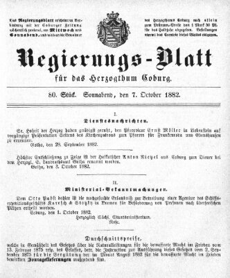 Regierungs-Blatt für das Herzogtum Coburg (Coburger Regierungs-Blatt) Samstag 7. Oktober 1882