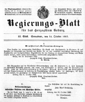 Regierungs-Blatt für das Herzogtum Coburg (Coburger Regierungs-Blatt) Samstag 14. Oktober 1882