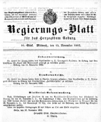 Regierungs-Blatt für das Herzogtum Coburg (Coburger Regierungs-Blatt) Mittwoch 15. November 1882