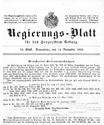 Regierungs-Blatt für das Herzogtum Coburg (Coburger Regierungs-Blatt) Samstag 18. November 1882