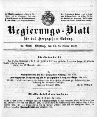 Regierungs-Blatt für das Herzogtum Coburg (Coburger Regierungs-Blatt) Mittwoch 22. November 1882