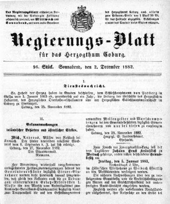 Regierungs-Blatt für das Herzogtum Coburg (Coburger Regierungs-Blatt) Samstag 2. Dezember 1882