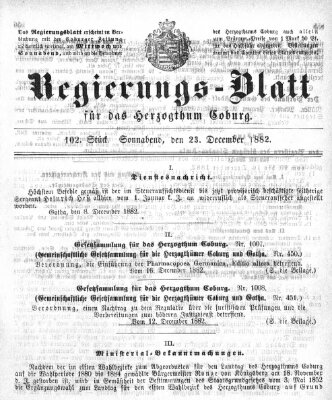 Regierungs-Blatt für das Herzogtum Coburg (Coburger Regierungs-Blatt) Samstag 23. Dezember 1882