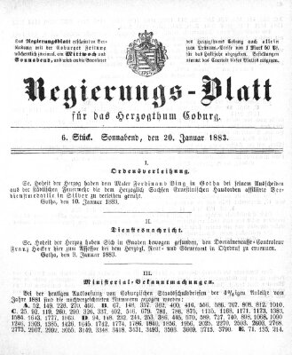 Regierungs-Blatt für das Herzogtum Coburg (Coburger Regierungs-Blatt) Samstag 20. Januar 1883