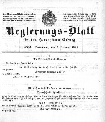 Regierungs-Blatt für das Herzogtum Coburg (Coburger Regierungs-Blatt) Samstag 3. Februar 1883