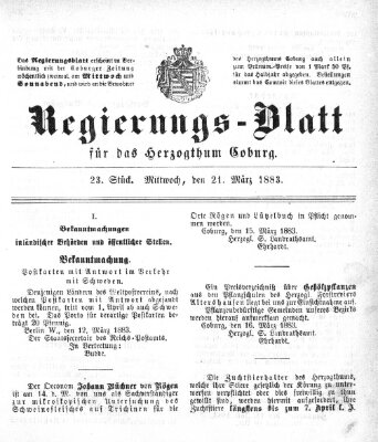 Regierungs-Blatt für das Herzogtum Coburg (Coburger Regierungs-Blatt) Mittwoch 21. März 1883