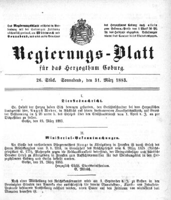 Regierungs-Blatt für das Herzogtum Coburg (Coburger Regierungs-Blatt) Samstag 31. März 1883