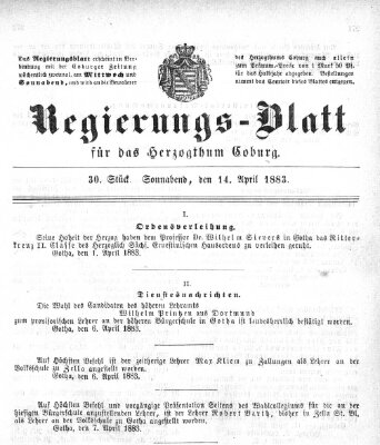 Regierungs-Blatt für das Herzogtum Coburg (Coburger Regierungs-Blatt) Samstag 14. April 1883