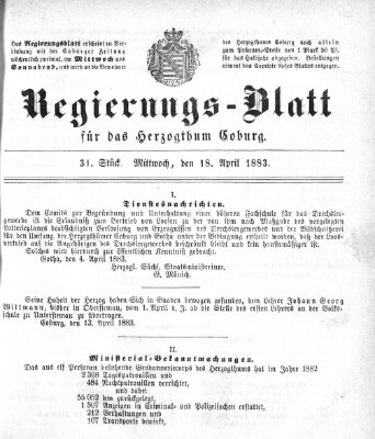 Regierungs-Blatt für das Herzogtum Coburg (Coburger Regierungs-Blatt) Mittwoch 18. April 1883