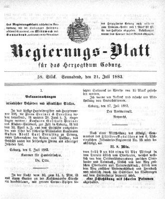 Regierungs-Blatt für das Herzogtum Coburg (Coburger Regierungs-Blatt) Samstag 21. Juli 1883