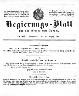 Regierungs-Blatt für das Herzogtum Coburg (Coburger Regierungs-Blatt) Samstag 25. August 1883