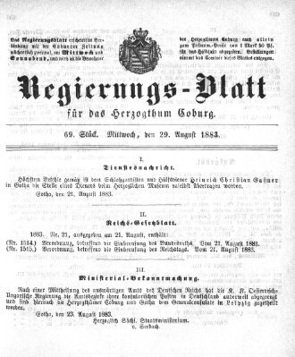 Regierungs-Blatt für das Herzogtum Coburg (Coburger Regierungs-Blatt) Mittwoch 29. August 1883