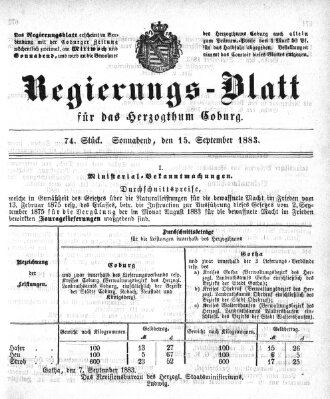 Regierungs-Blatt für das Herzogtum Coburg (Coburger Regierungs-Blatt) Samstag 15. September 1883