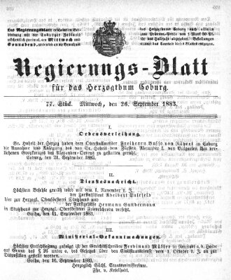 Regierungs-Blatt für das Herzogtum Coburg (Coburger Regierungs-Blatt) Mittwoch 26. September 1883