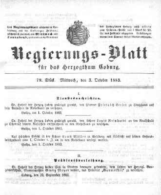 Regierungs-Blatt für das Herzogtum Coburg (Coburger Regierungs-Blatt) Mittwoch 3. Oktober 1883