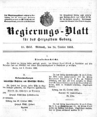 Regierungs-Blatt für das Herzogtum Coburg (Coburger Regierungs-Blatt) Mittwoch 24. Oktober 1883